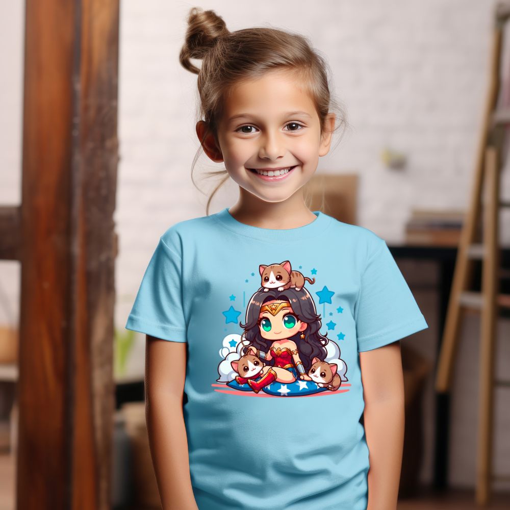 Camiseta Infanto Juvenil Personagens Mulher Maravilha Gatinhos
