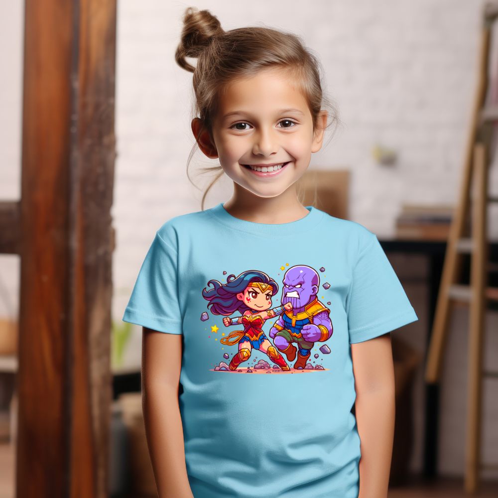 Camiseta Infanto Juvenil Personagens Mulher Maravilha vs Thanos