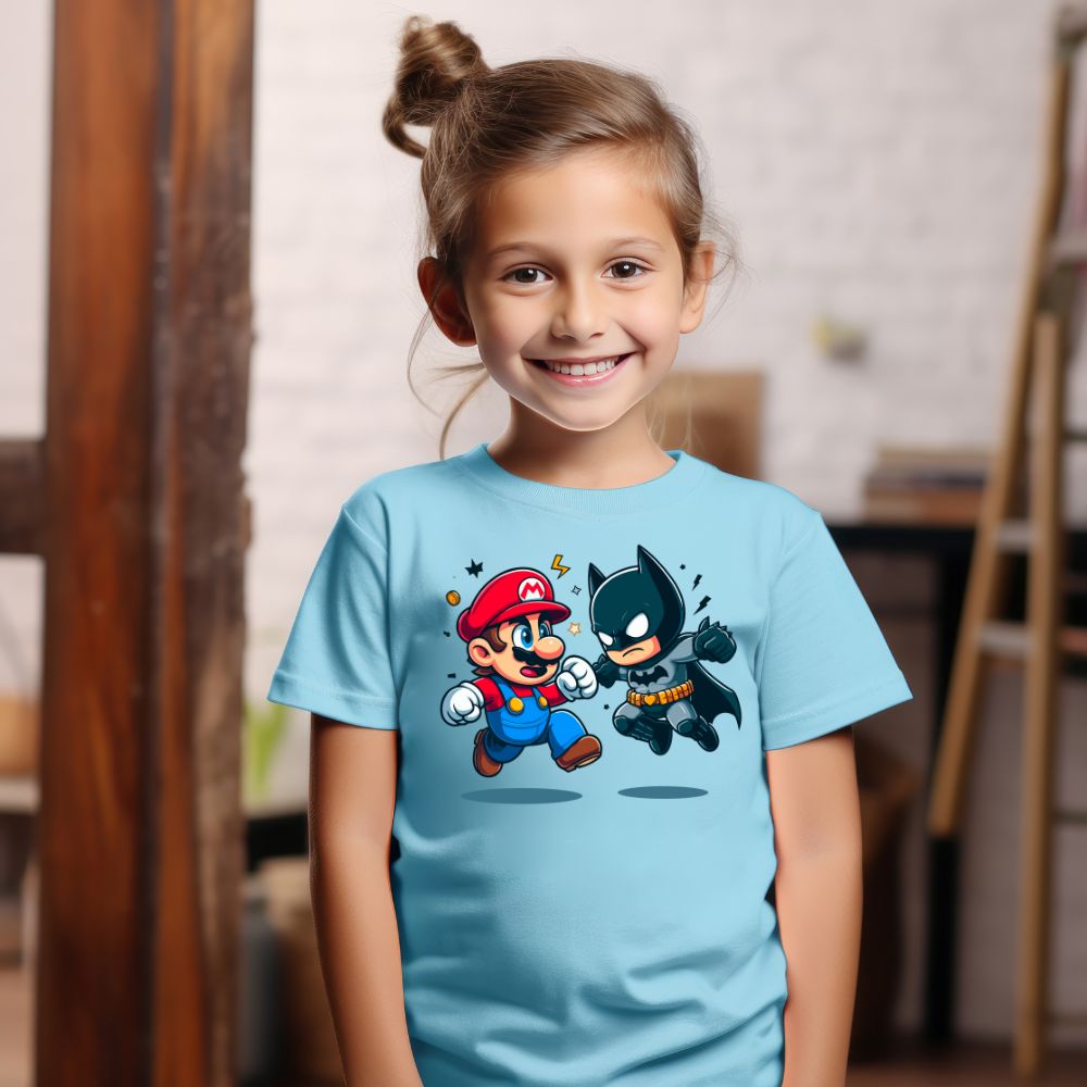 Camiseta Infanto Juvenil Personagens Super Mario vs Batman
