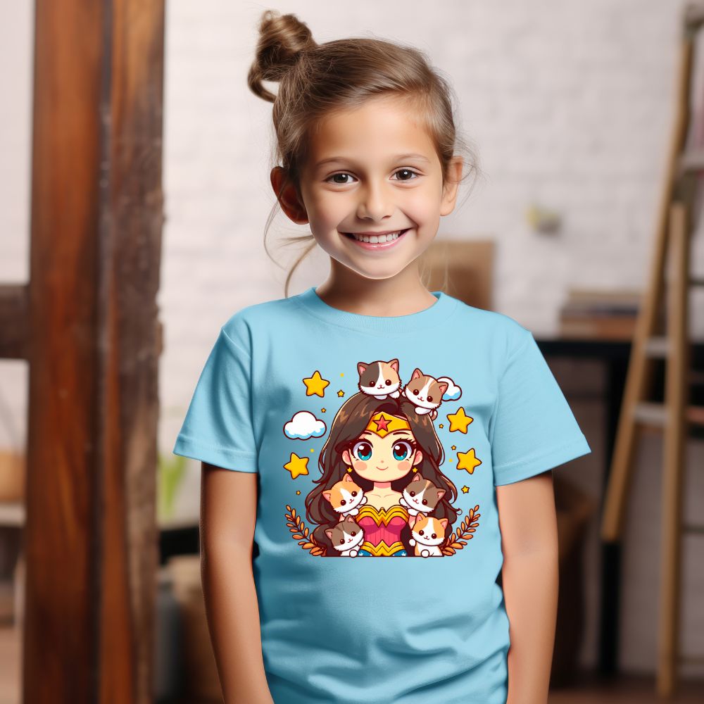 Camiseta Infanto Juvenil Personagens Mulher Maravilha Gatinhos- 01