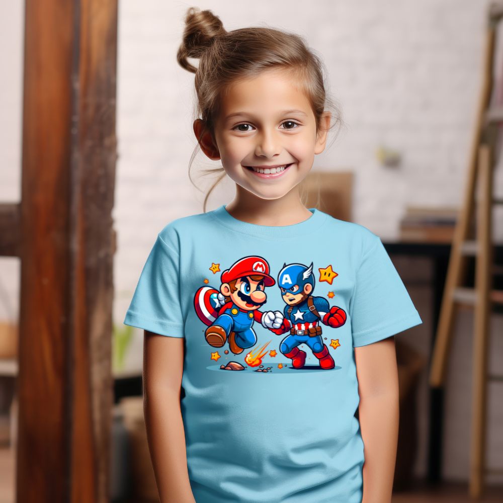 Camiseta Infanto Juvenil Personagens Super Mario vs Capitão América