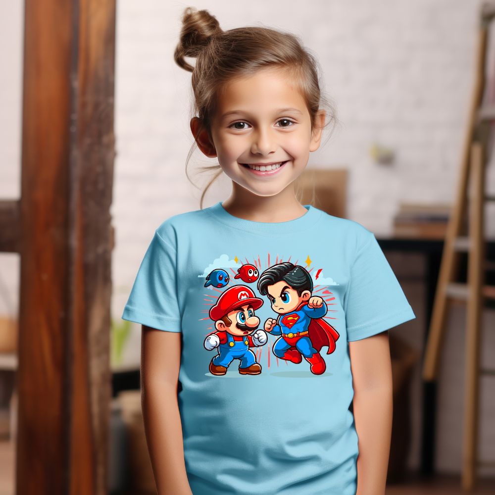 Camiseta Infanto Juvenil Personagens Super Mario vs Superman