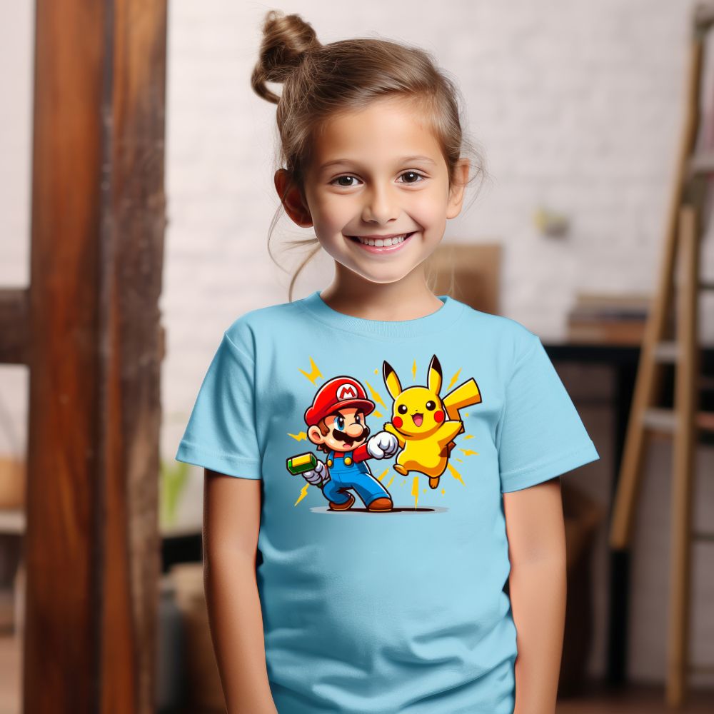 Camiseta Infanto Juvenil Personagens Pikachu Heróis vs Super Mario