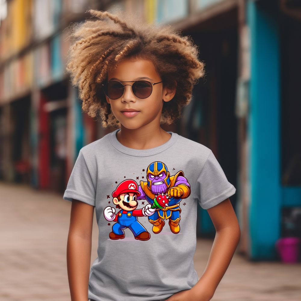 Camiseta Infanto Juvenil Personagens Super Mario vs Thanos