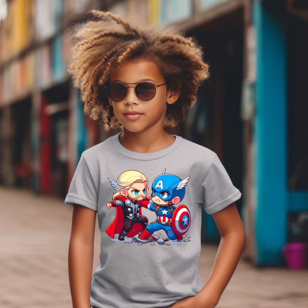 Camiseta Infanto Juvenil Personagens Super Heróis Thor vs Capitão América