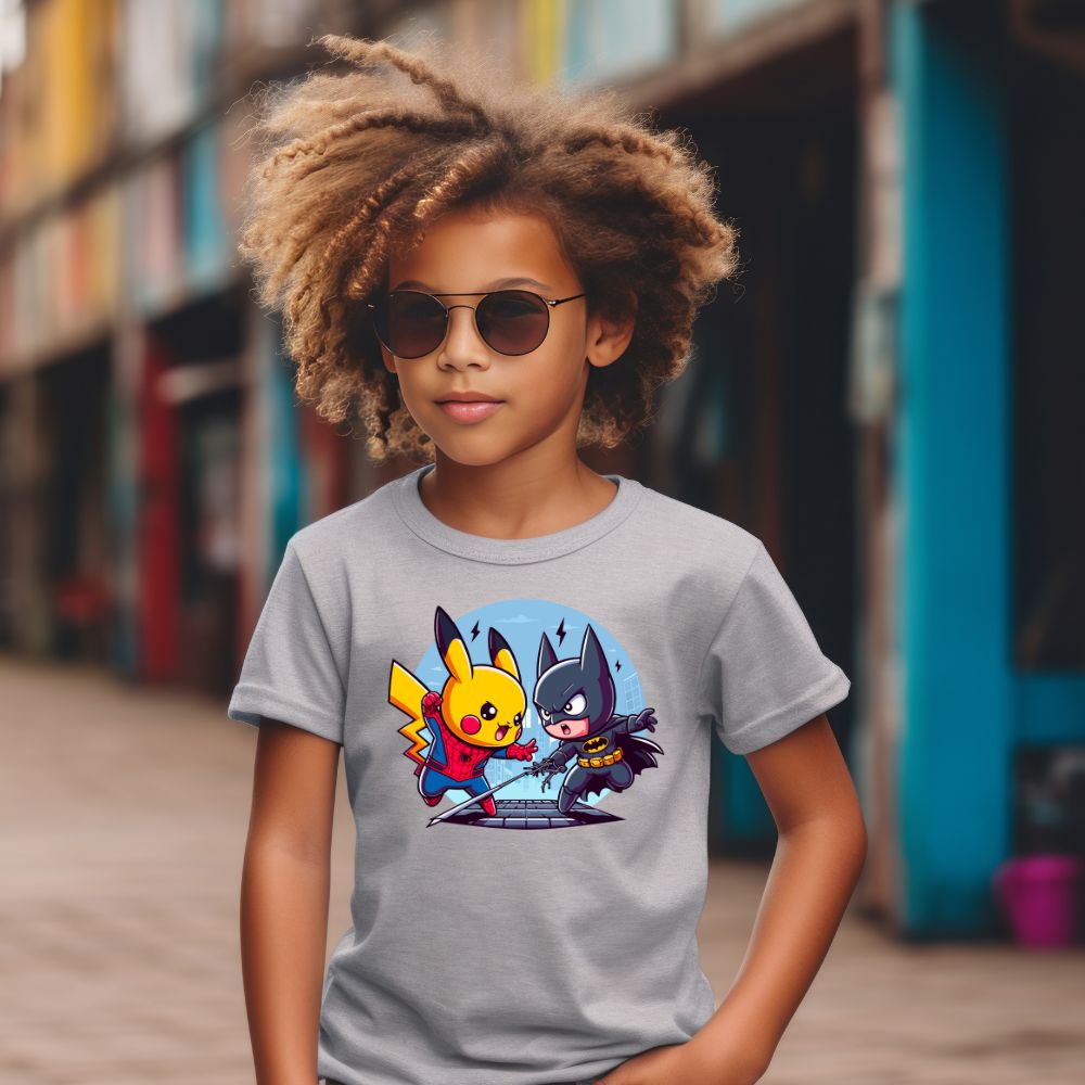 Camiseta Infanto Juvenil Personagens Pikachu Super Heróis vs Batman