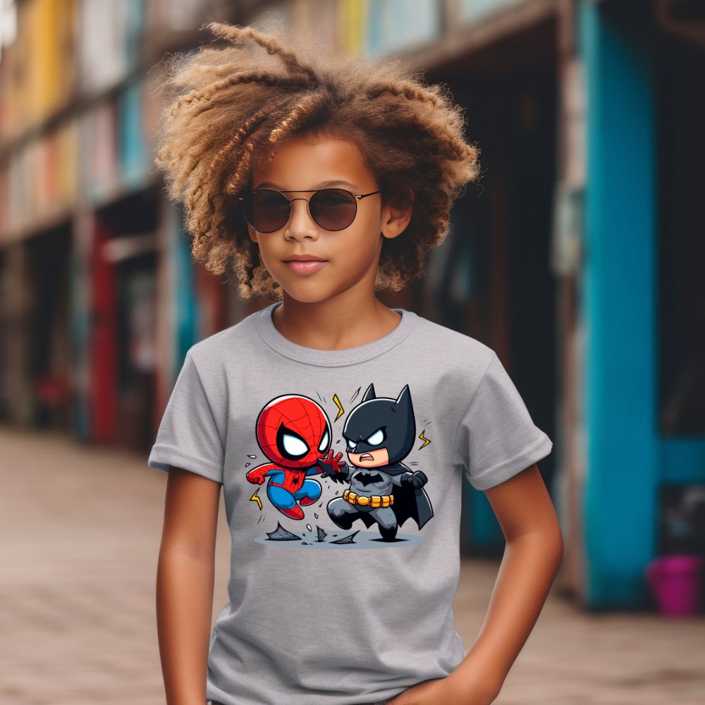 Camiseta Infanto Juvenil Personagens Super Heróis Batman vs Homem Aranha