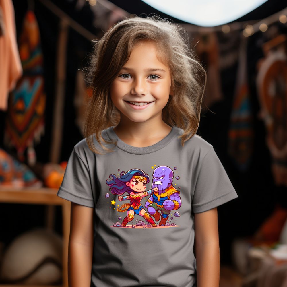 Camiseta Infanto Juvenil Personagens Mulher Maravilha vs Thanos