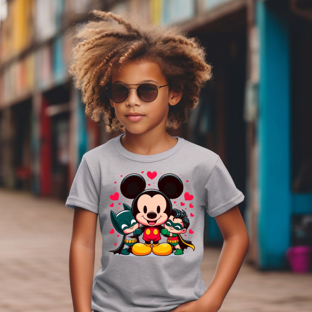 Camiseta Infanto Juvenil Personagens Mickey Hérois Batman Robbin