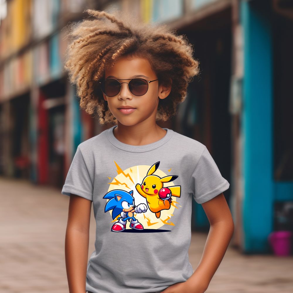 Camiseta Infanto Juvenil Personagens Pikachu Super Heróis vs Sonic