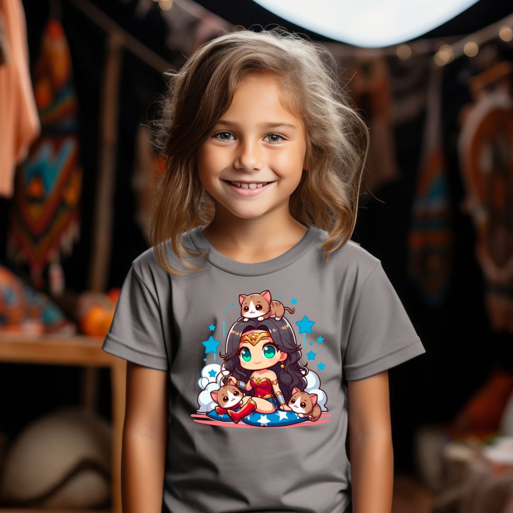 Camiseta Infanto Juvenil Personagens Mulher Maravilha Gatinhos