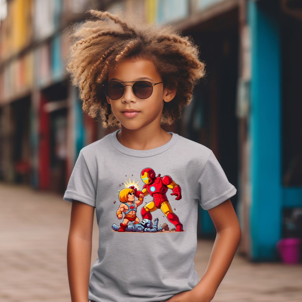 Camiseta Infanto Juvenil Personagens He-man vs Homem de Ferro