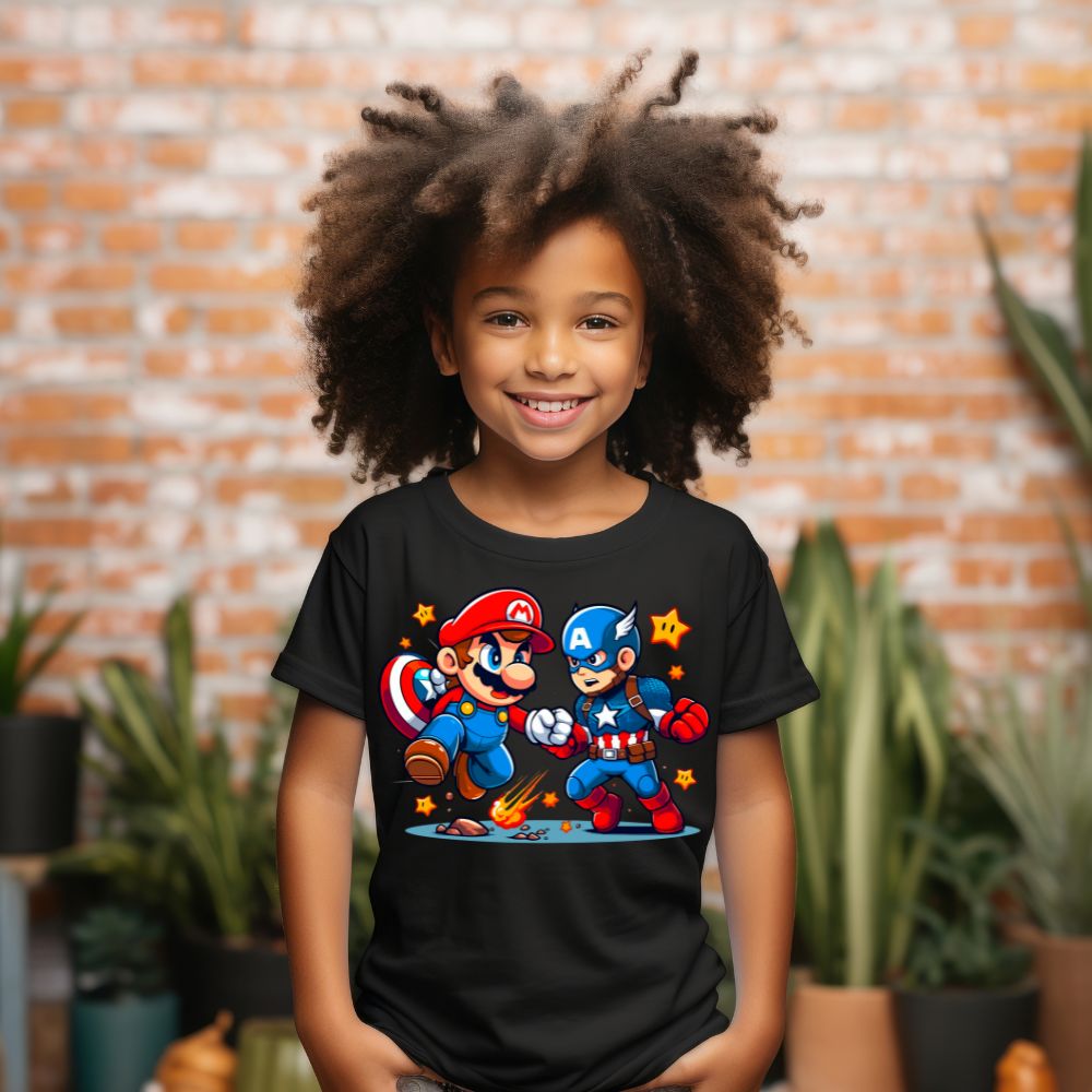 Camiseta Infanto Juvenil Personagens Super Mario vs Capitão América