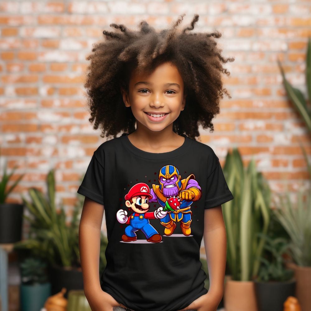 Camiseta Infanto Juvenil Personagens Super Mario vs Thanos