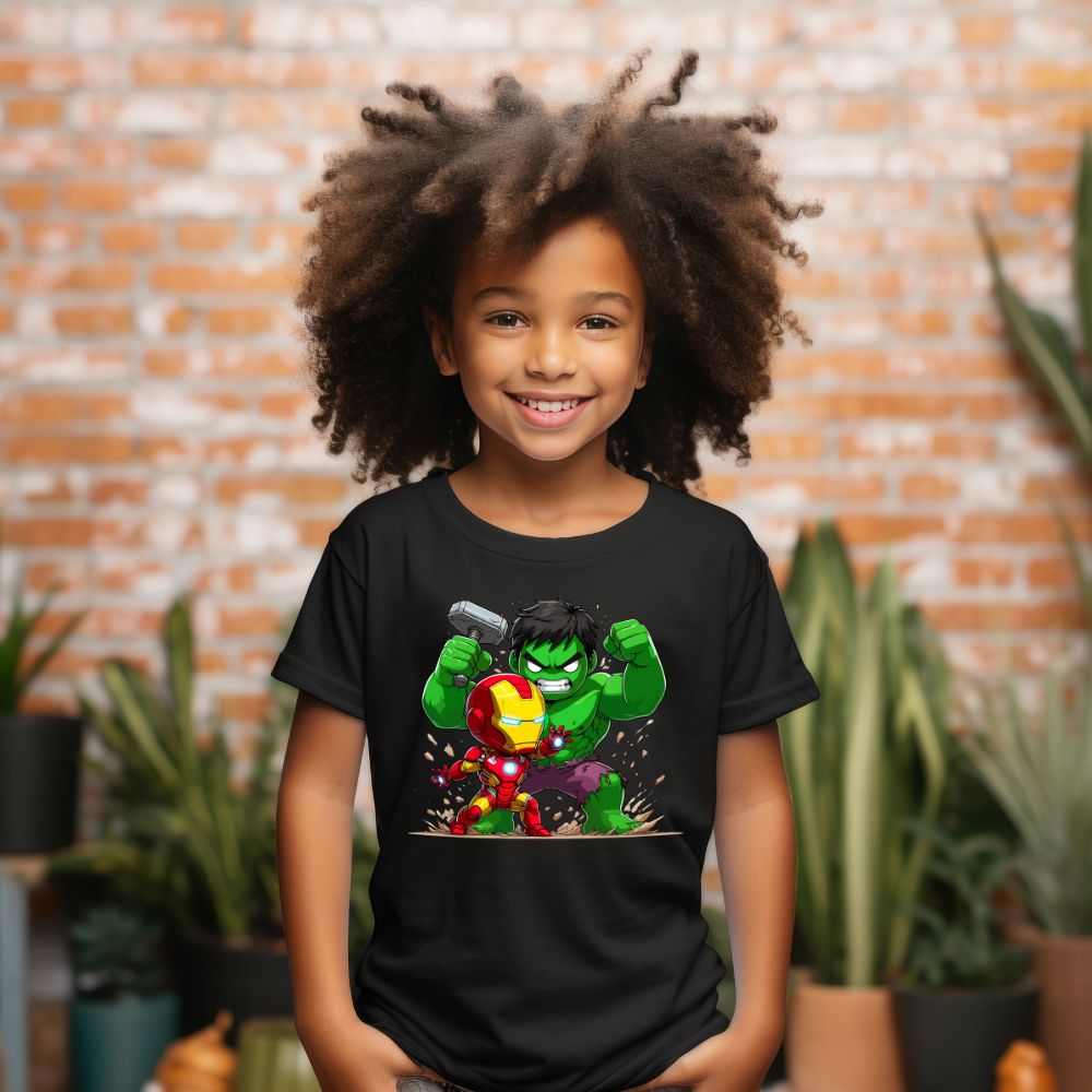 Camiseta Infanto Juvenil Personagens Super Heróis Hulk vs Homem de Ferro