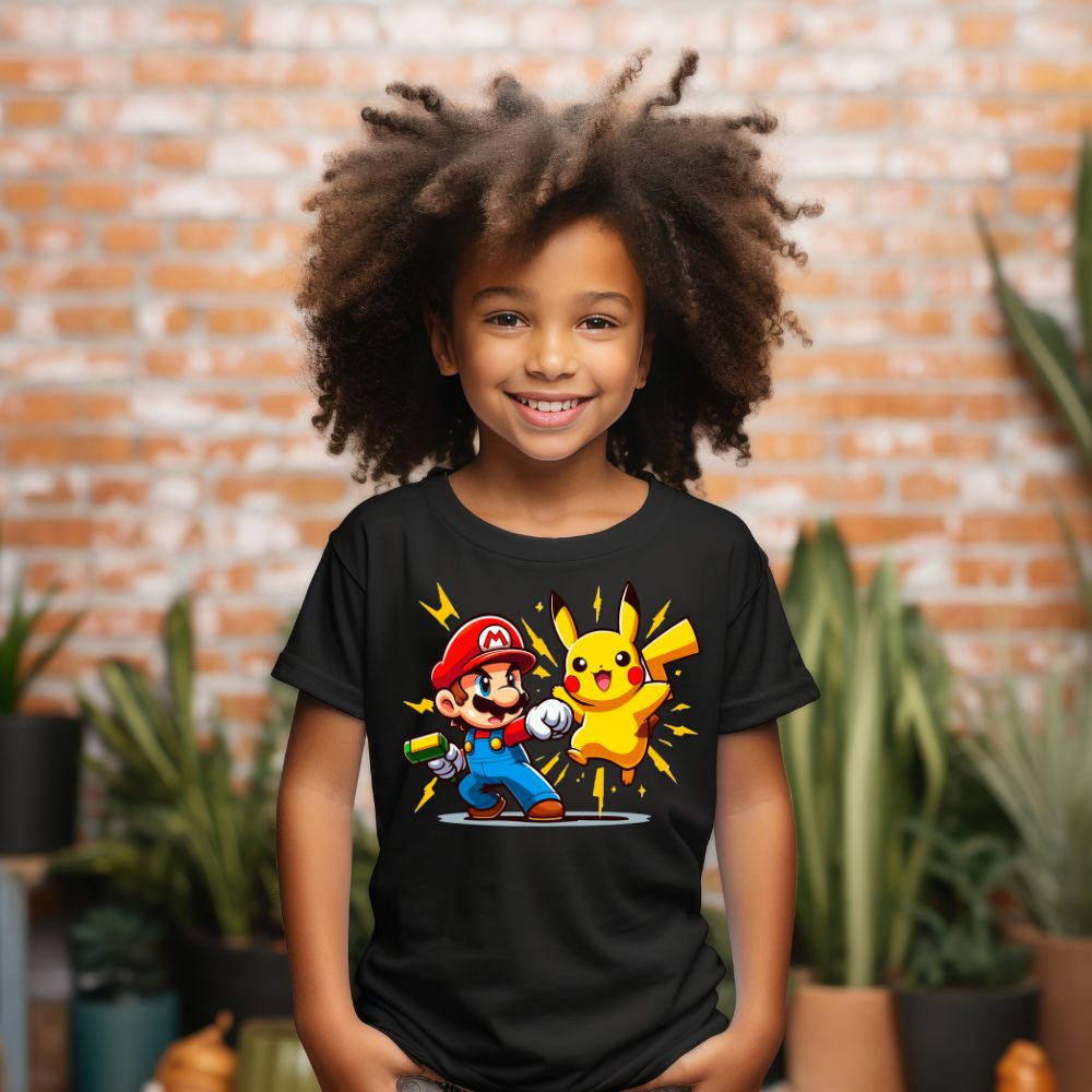 Camiseta Infanto Juvenil Personagens Pikachu Heróis vs Super Mario