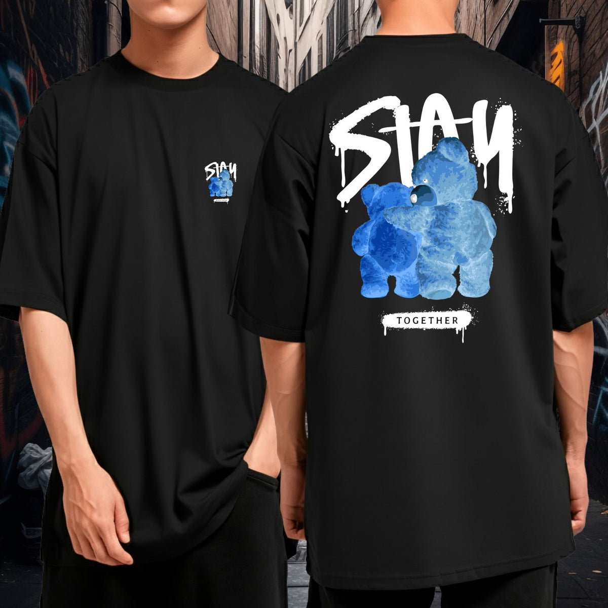 Camiseta Oversized Algodão Streetwear Stay Together Ursos Azuis Preta
