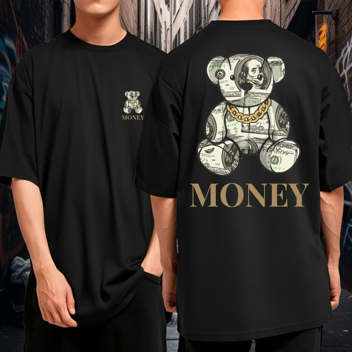Camiseta Oversized Streetwear Money Bear Corrente Dourada Preta