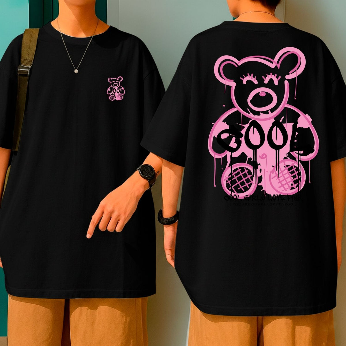 Camiseta Oversized Streetwear Feminina Cool Girl Bear Rosa Fashion