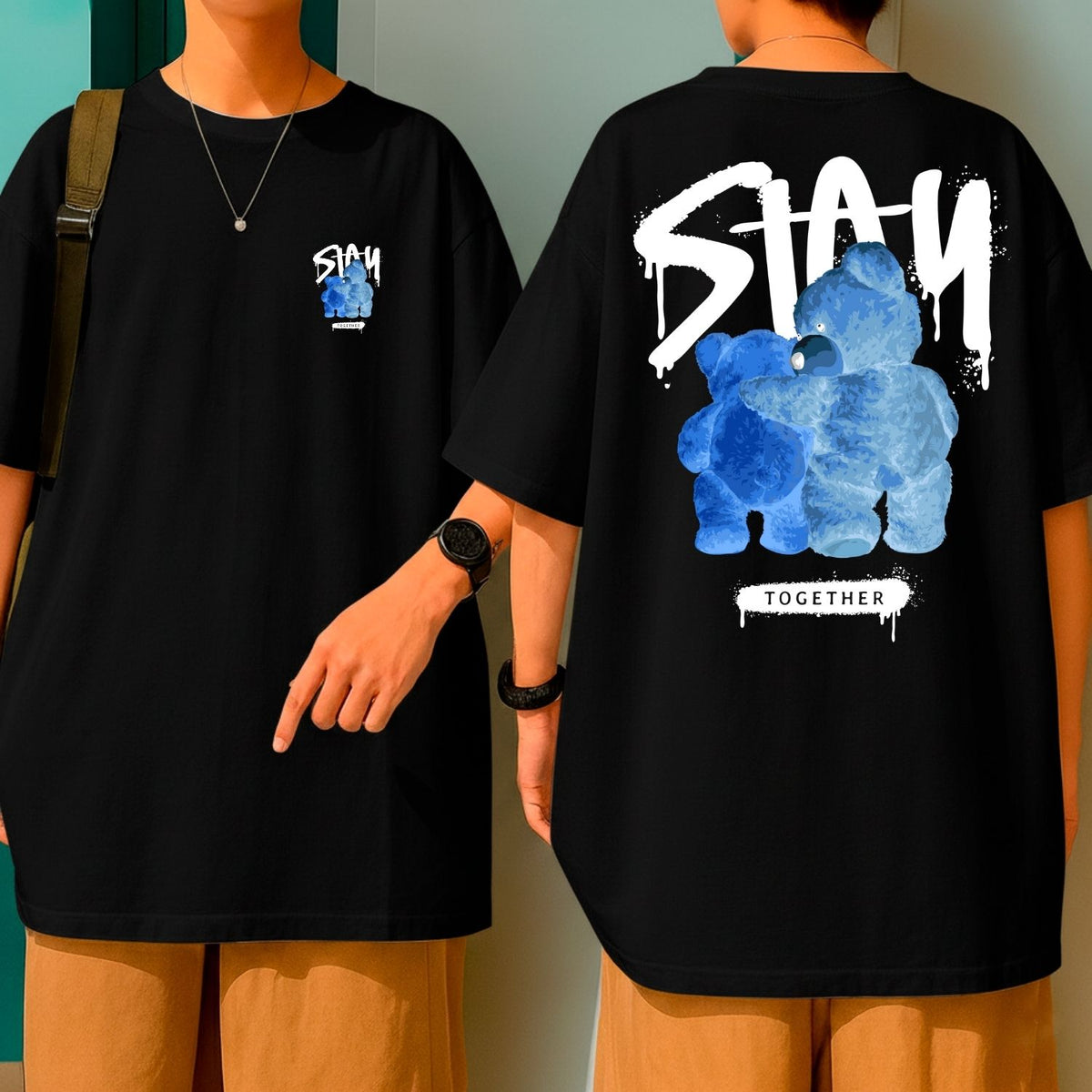 Camiseta Oversized Fio 30.1 Streetwear Masculina Stay Together Azul Grafite