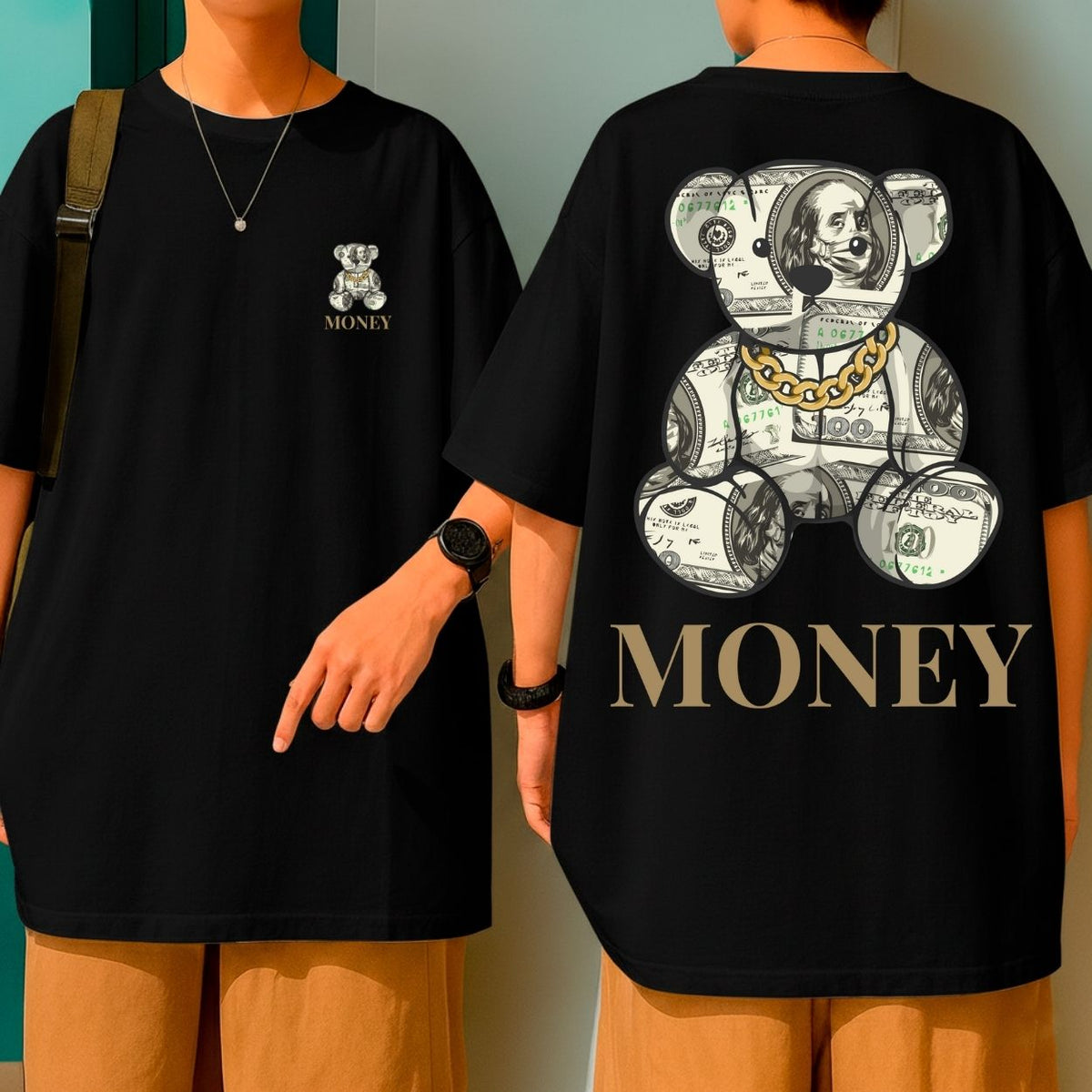 Camiseta Oversized Blusão Largo Gola Redonda Urso Money Streetwear Atitude e Poder