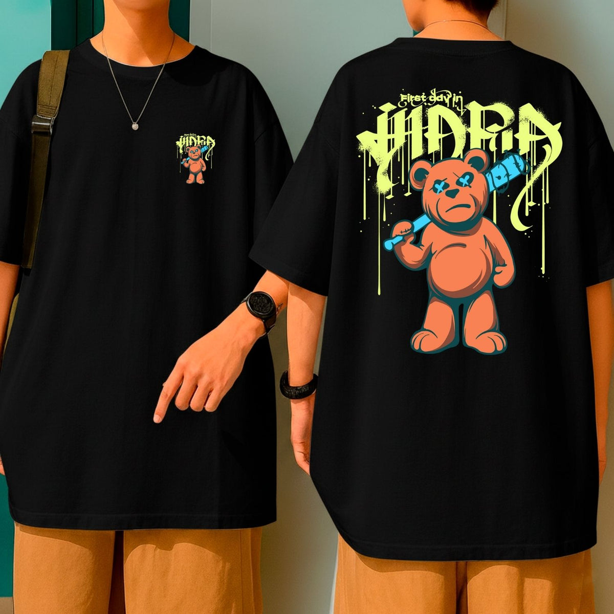 Camiseta Oversized Malha Premium Algodão Streetwear Urban Bear Urso Grafite Preta