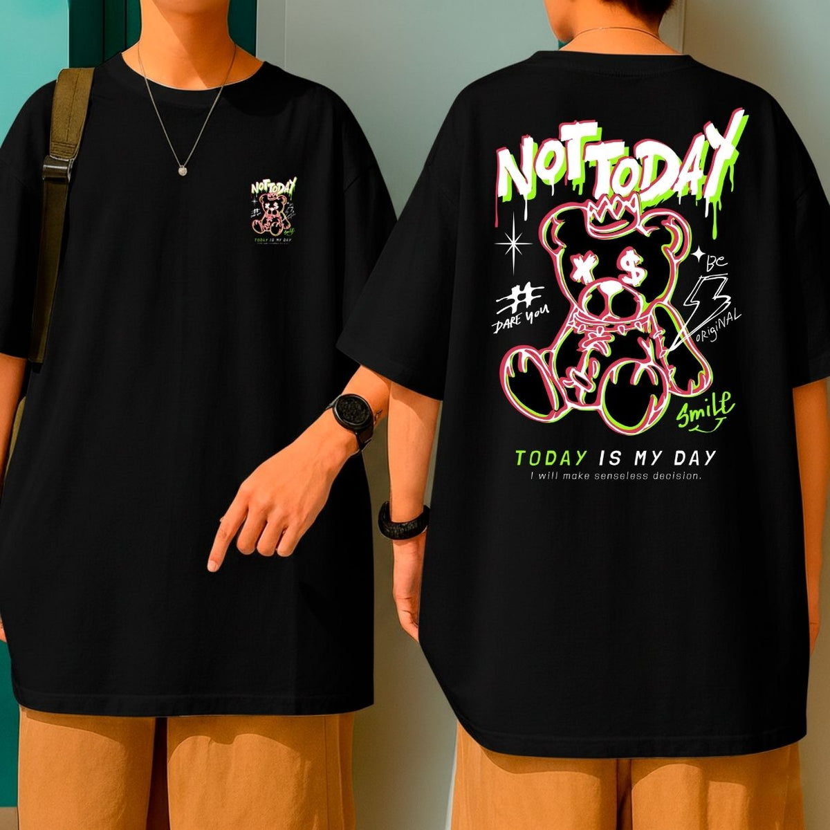 Camiseta Oversized Malha Premium Fio 30.1 Not Today Bear Streetwear