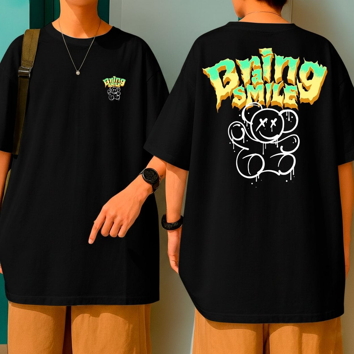 Camiseta Oversized Streetwear Urso Bring a Smile Atitude Blusão Malha Premium Largo