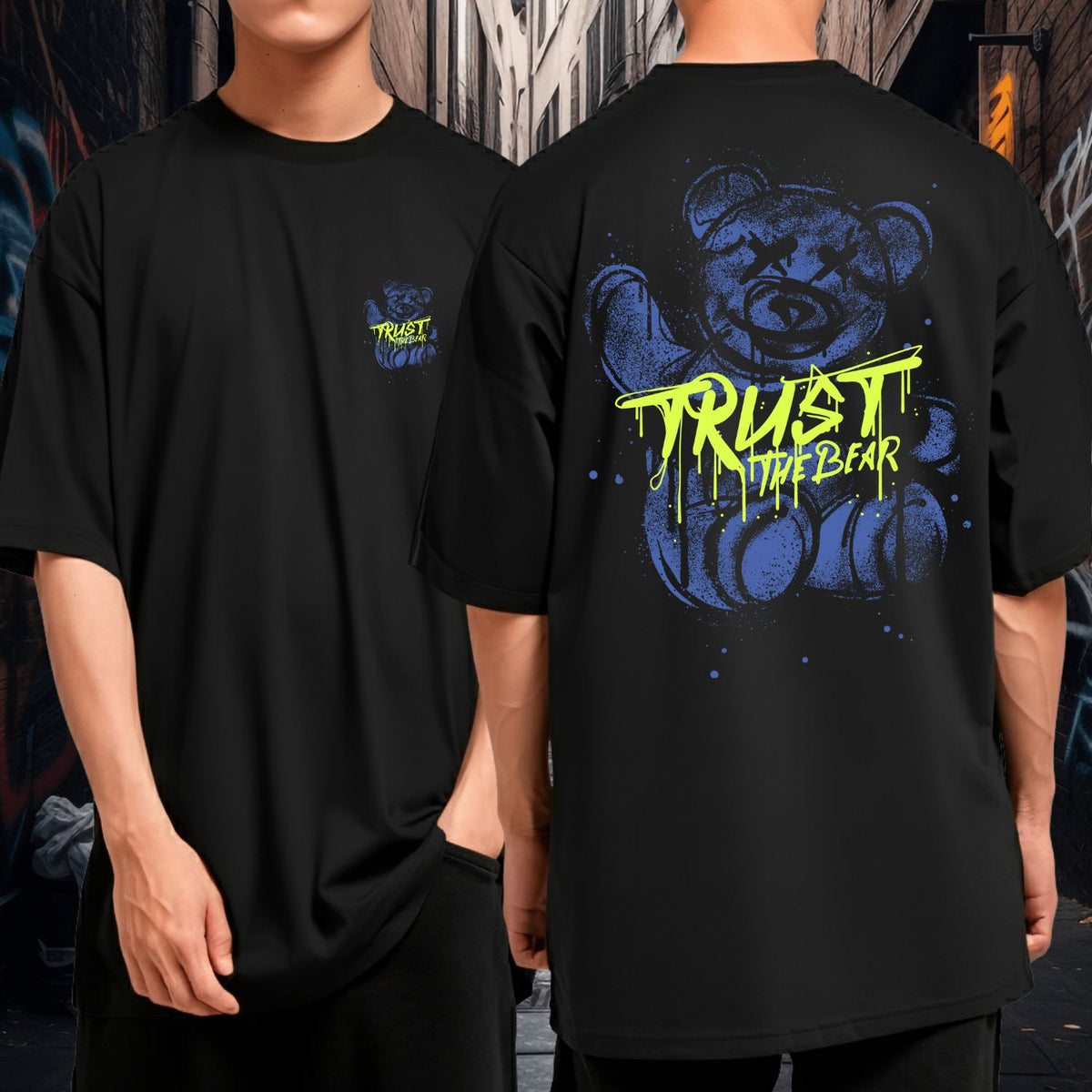 Camiseta Oversized Streetwear Casual Masculina Trust The Bear Urso Azul Preta