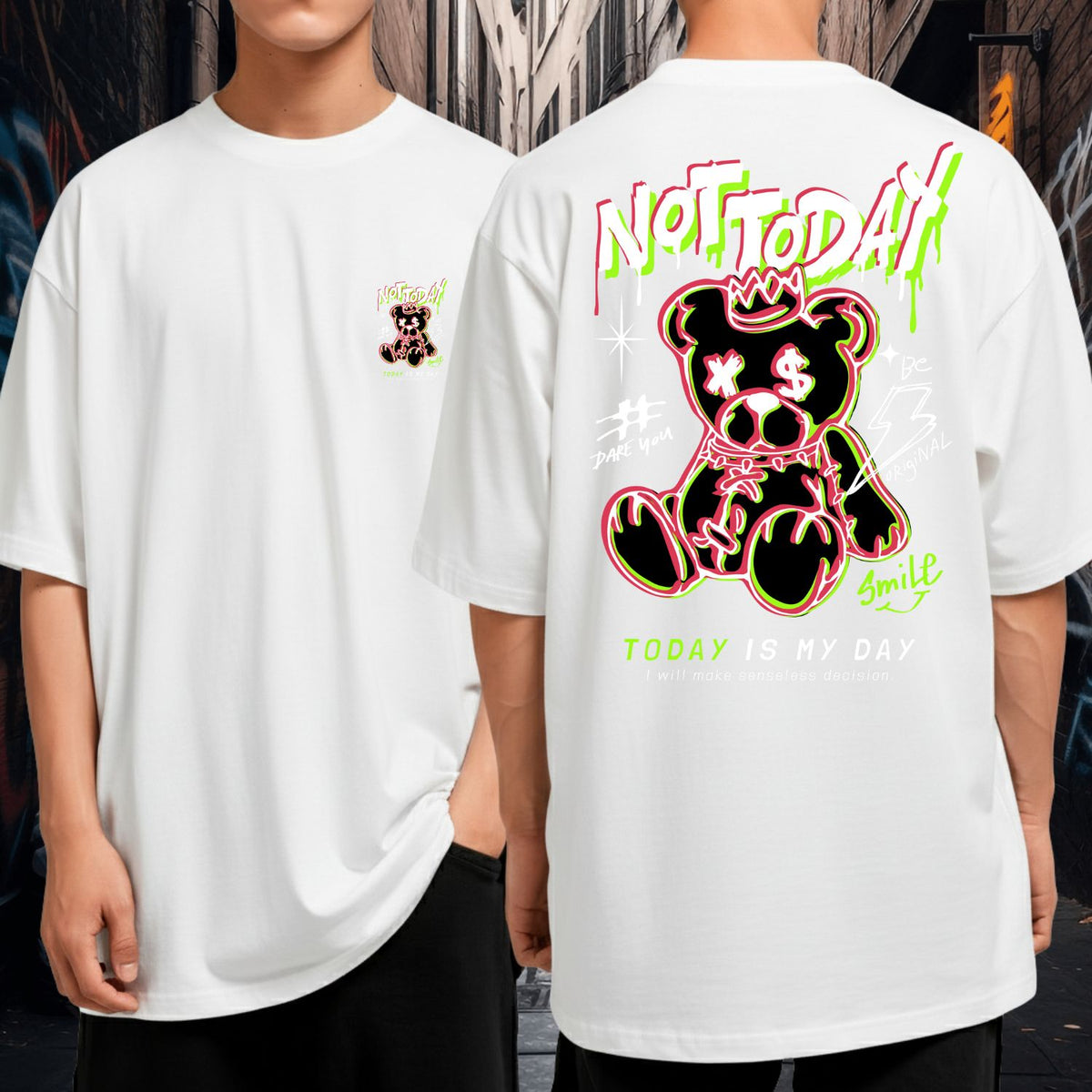 Camiseta Oversized Not Today Bear Streetwear Vibrante Malha Premium Fio 30.1