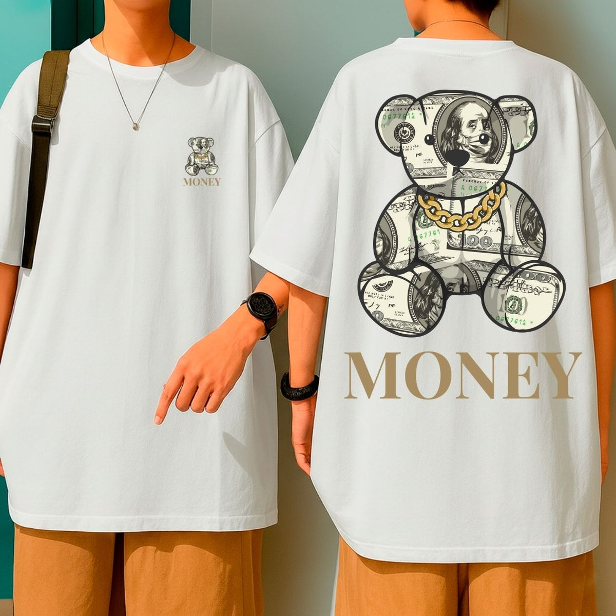 Camiseta Oversized Blusão Largo Gola Redonda Urso Money Streetwear Atitude e Poder
