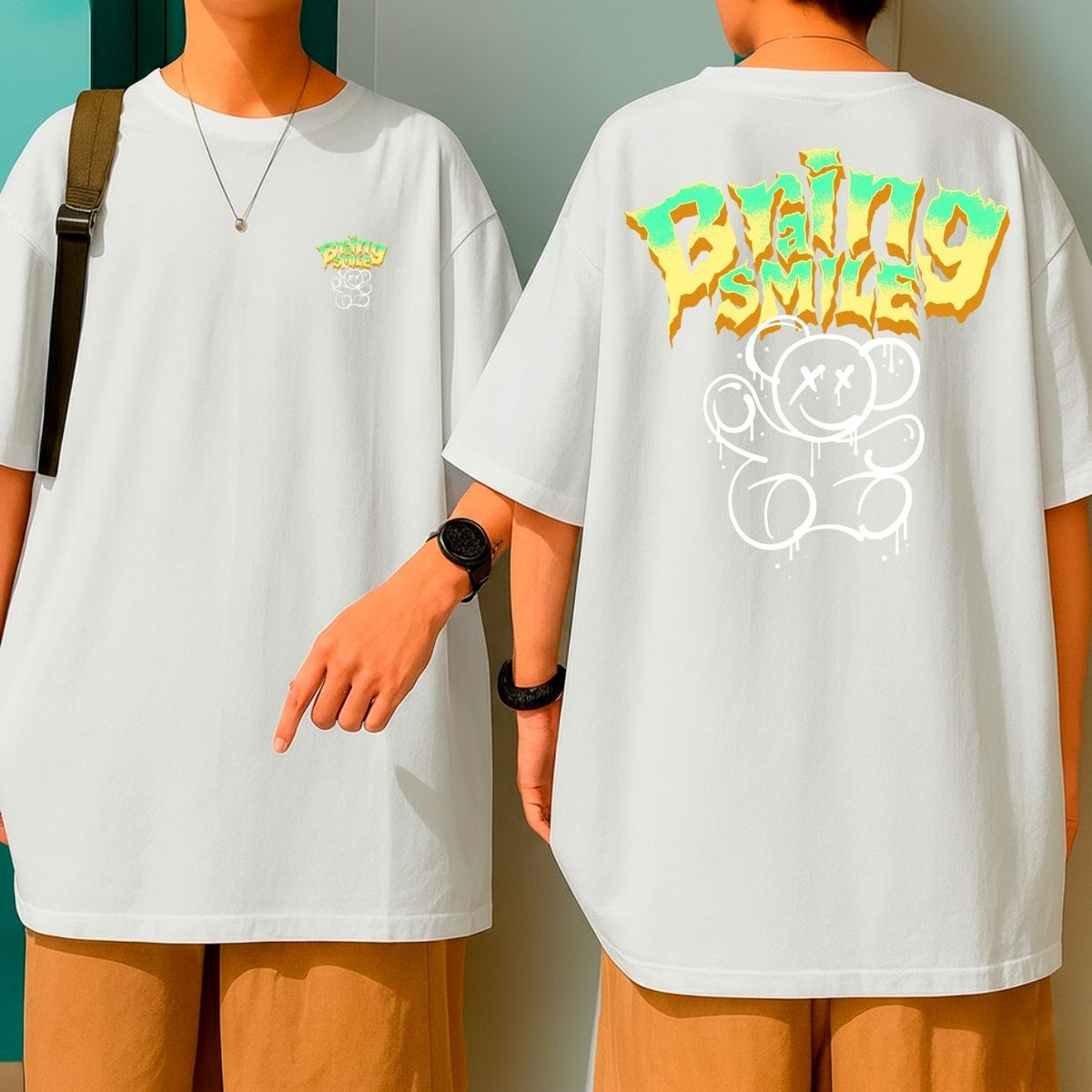 Camiseta Oversized Streetwear Urso Bring a Smile Atitude Blusão Malha Premium Largo