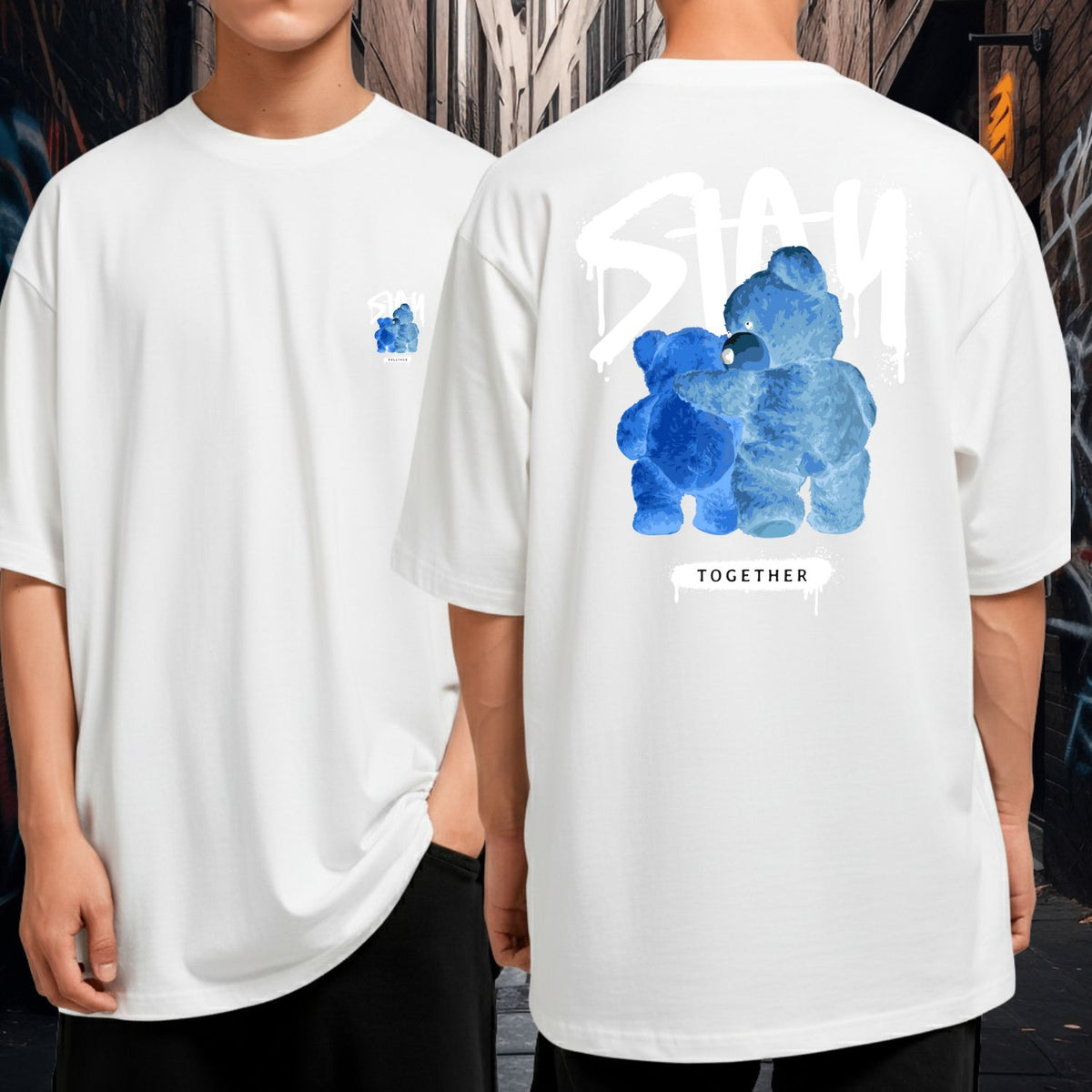 Camiseta Oversized Algodão Streetwear Stay Together Ursos Azuis Preta