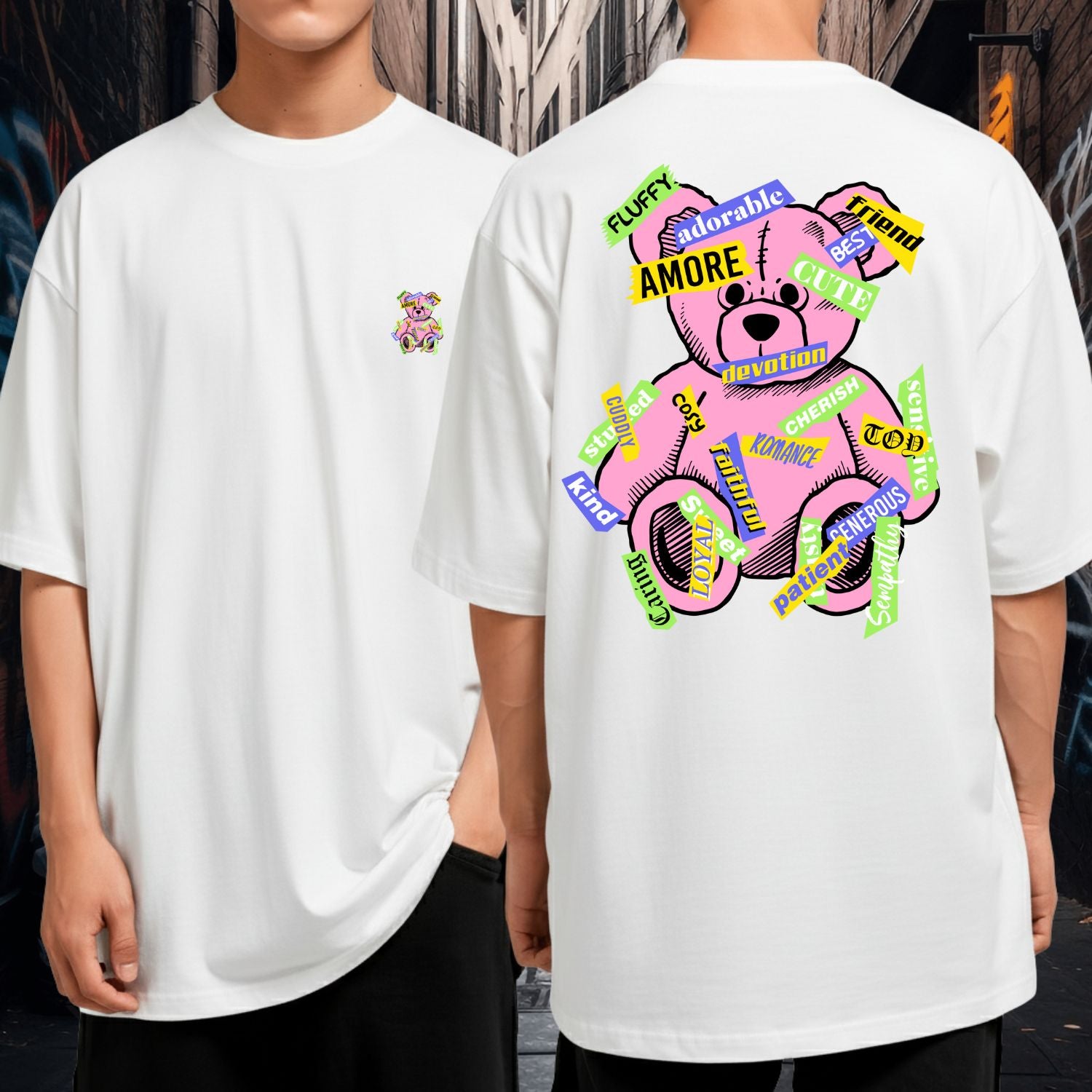 Camiseta Oversized Streetwear 100% Algodão Amore Urso Rosa Pop Preta