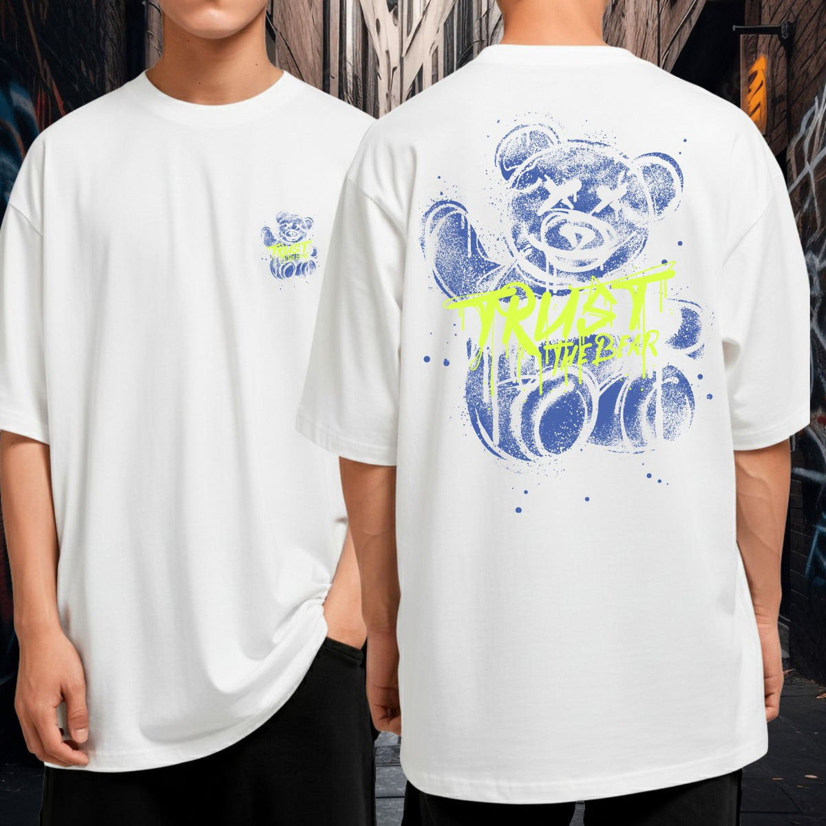 Camiseta Oversized Streetwear Casual Masculina Trust The Bear Urso Azul Preta