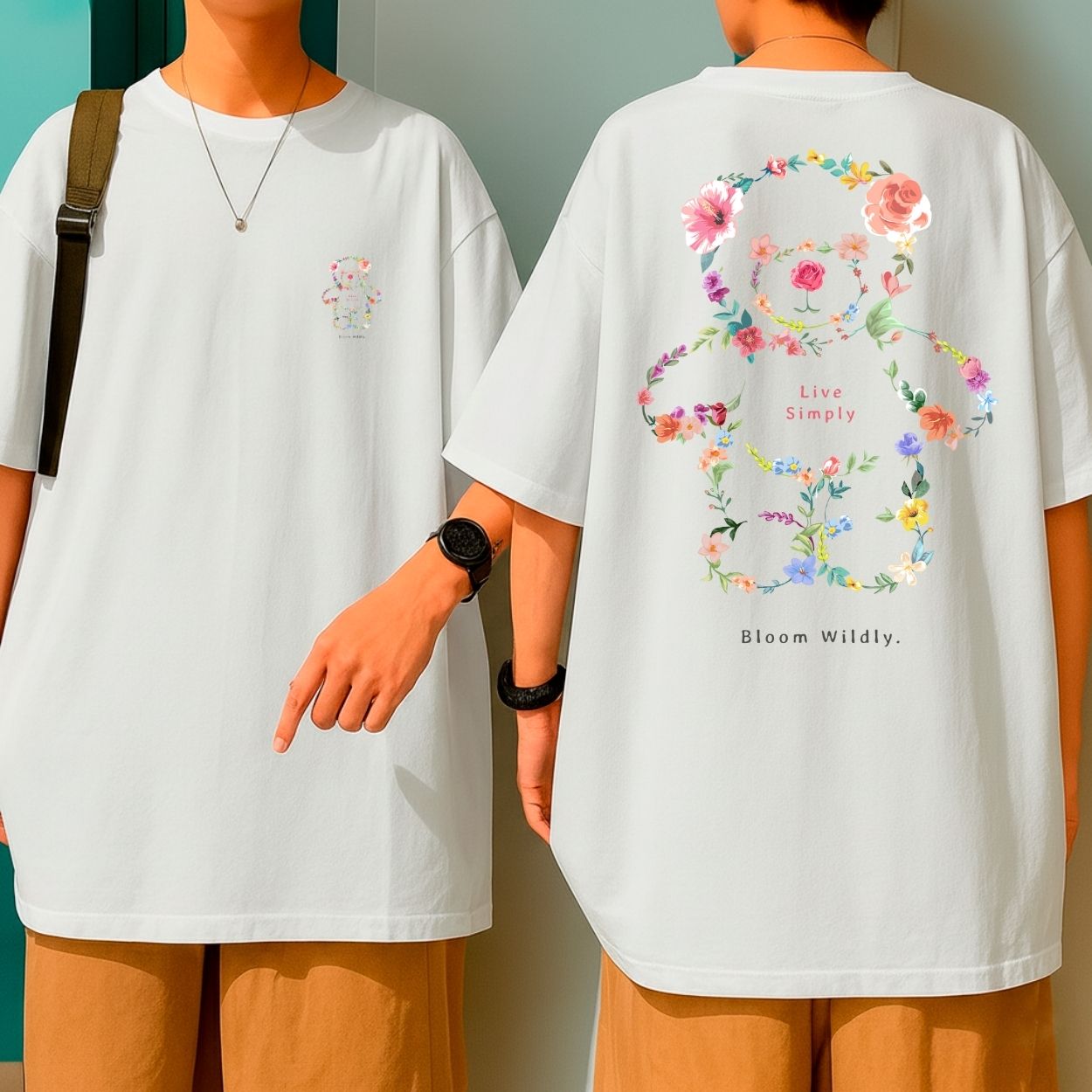 Camiseta Oversized Streetwear Live Simply Urso Floral Blusão Algodão Malha Grossa