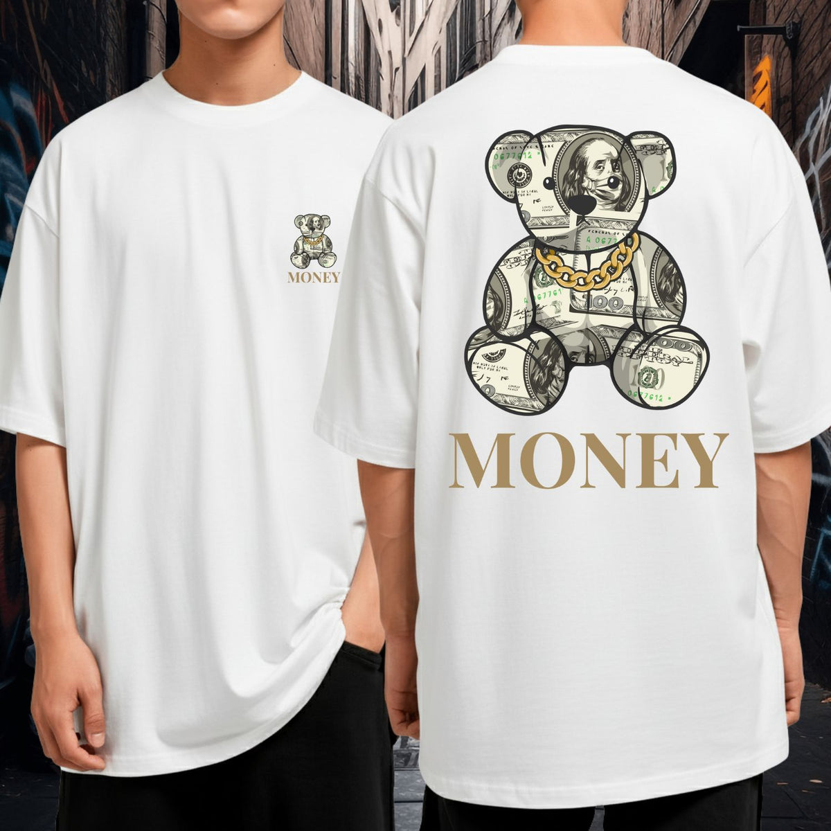 Camiseta Oversized Streetwear Money Bear Corrente Dourada Preta
