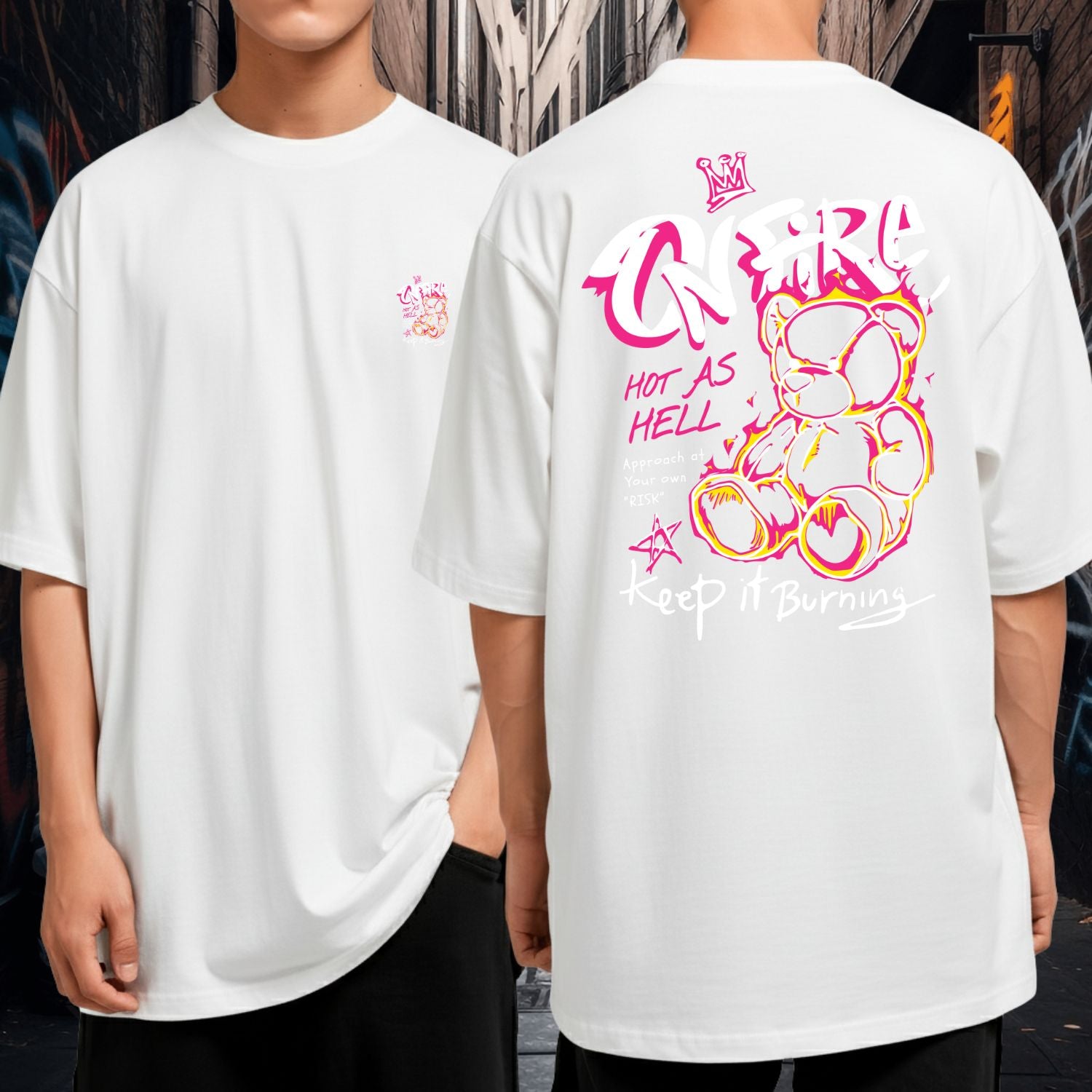 Camiseta Oversized Malha Grossa Fio 30.1 Malha Grossa Ursinho On Fire Keep It Burning Gola Redonda