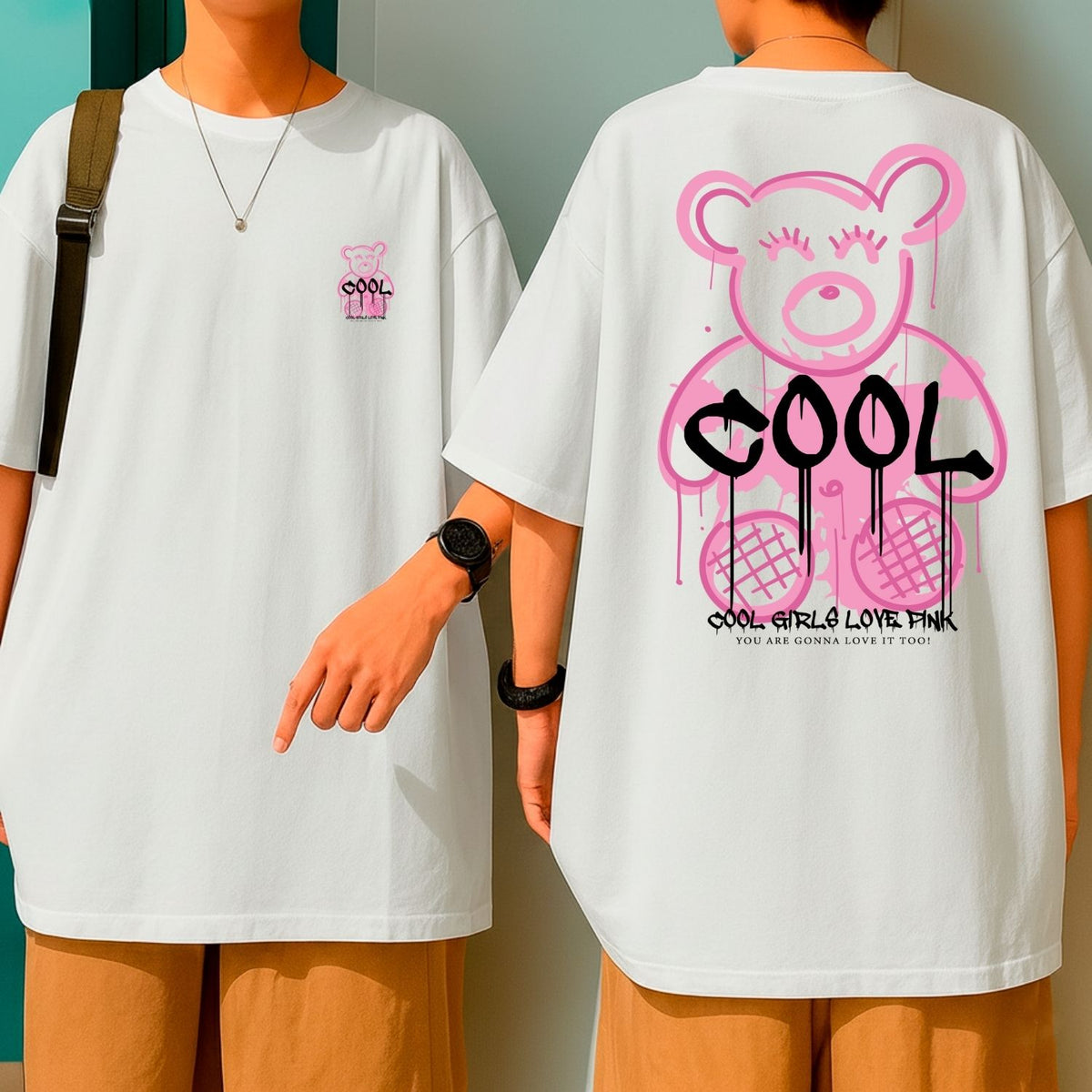 Camiseta Oversized Streetwear Feminina Cool Girl Bear Rosa Fashion