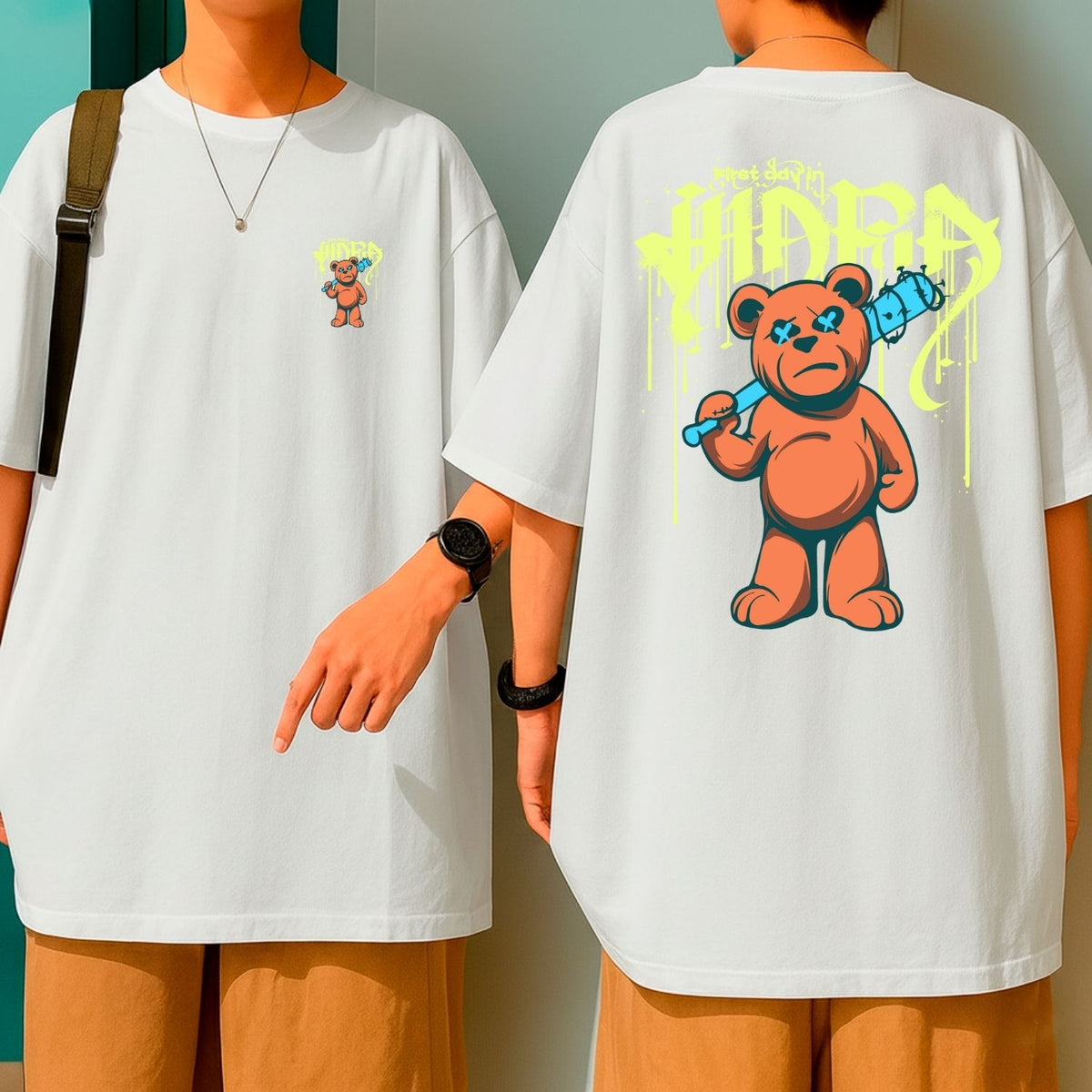 Camiseta Oversized Malha Premium Algodão Streetwear Urban Bear Urso Grafite Preta