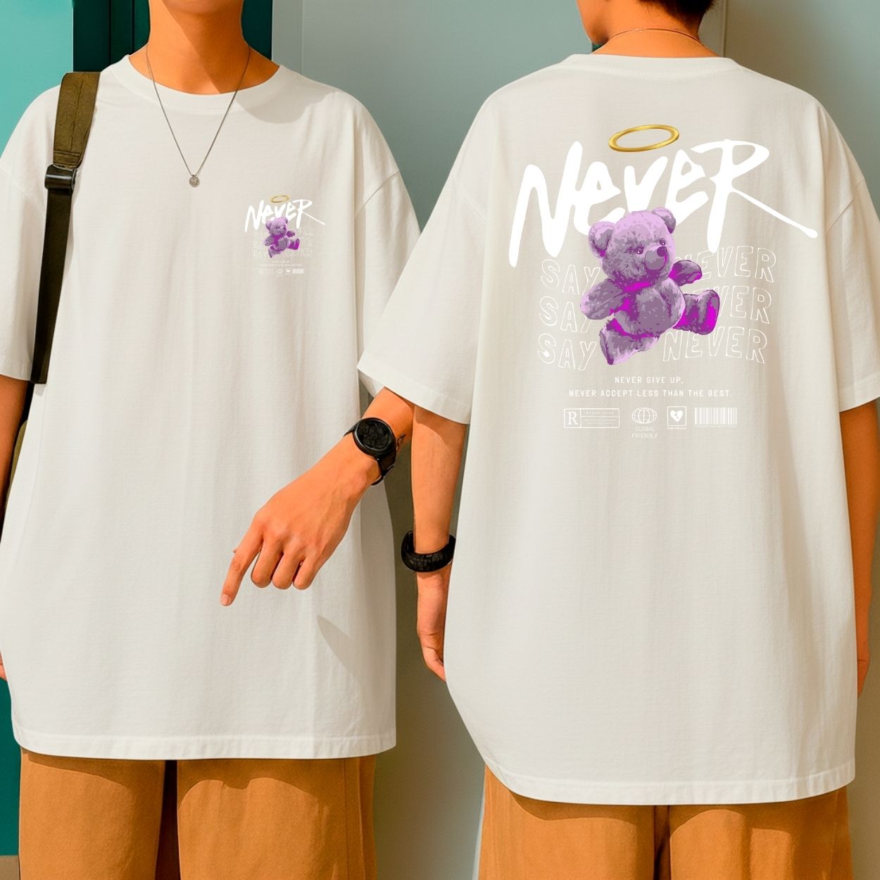 Camiseta Oversized Streetwear Blusão Malha Grossa Urso Roxo Never Say Never
