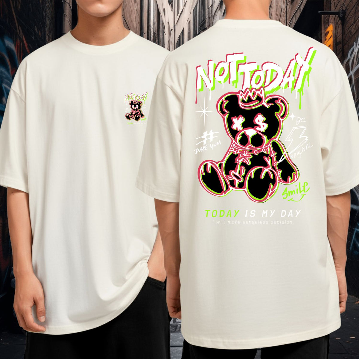 Camiseta Oversized Not Today Bear Streetwear Vibrante Malha Premium Fio 30.1