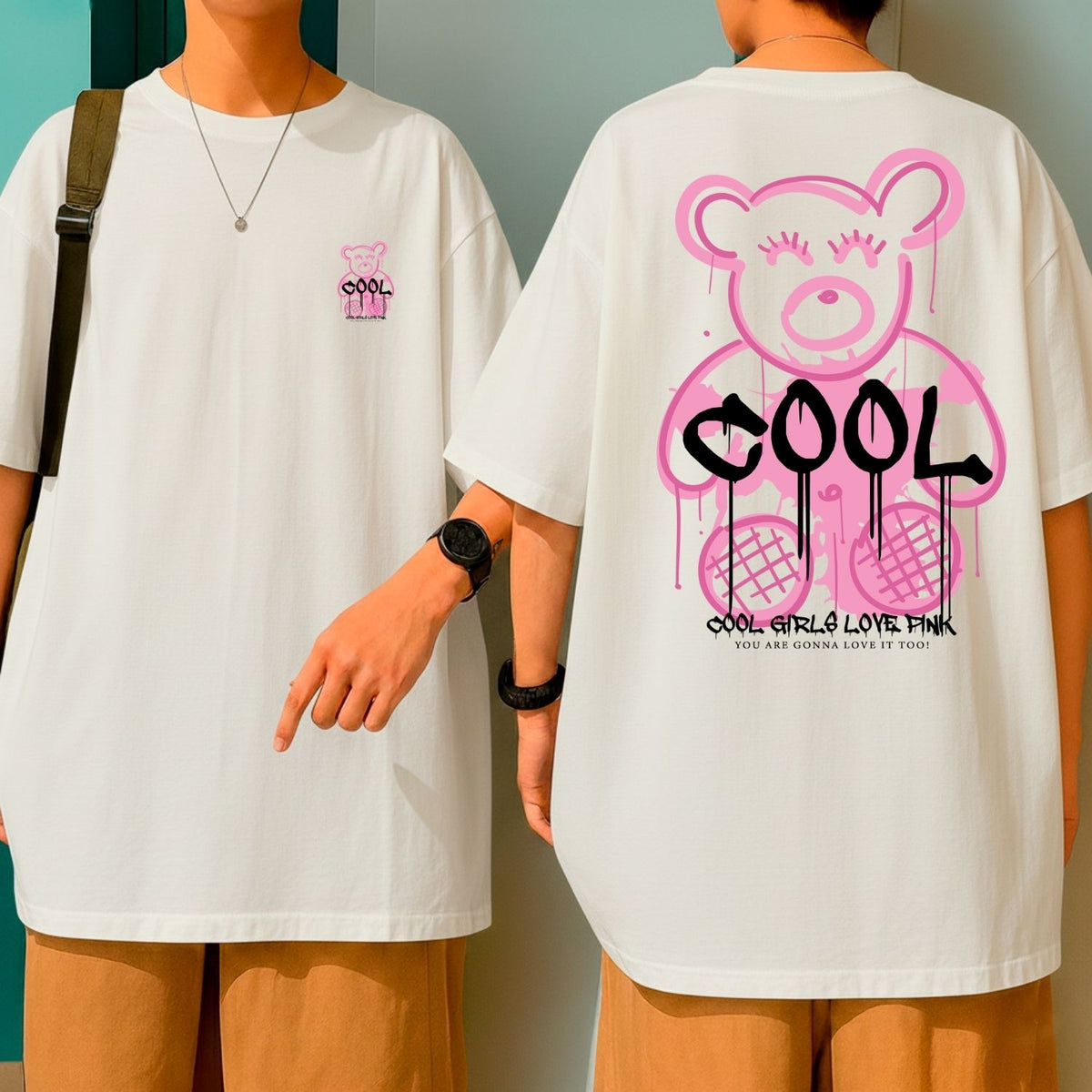 Camiseta Oversized Streetwear Feminina Cool Girl Bear Rosa Fashion