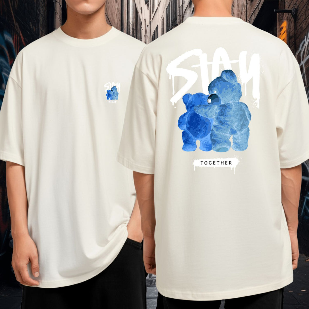 Camiseta Oversized Algodão Streetwear Stay Together Ursos Azuis Preta