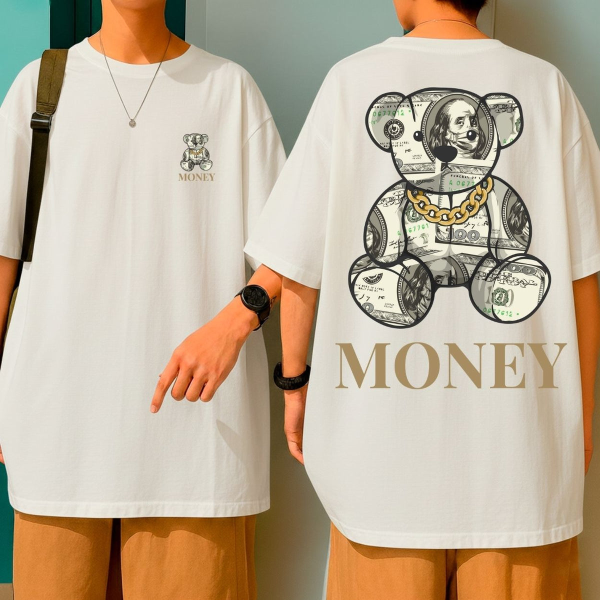 Camiseta Oversized Blusão Largo Gola Redonda Urso Money Streetwear Atitude e Poder