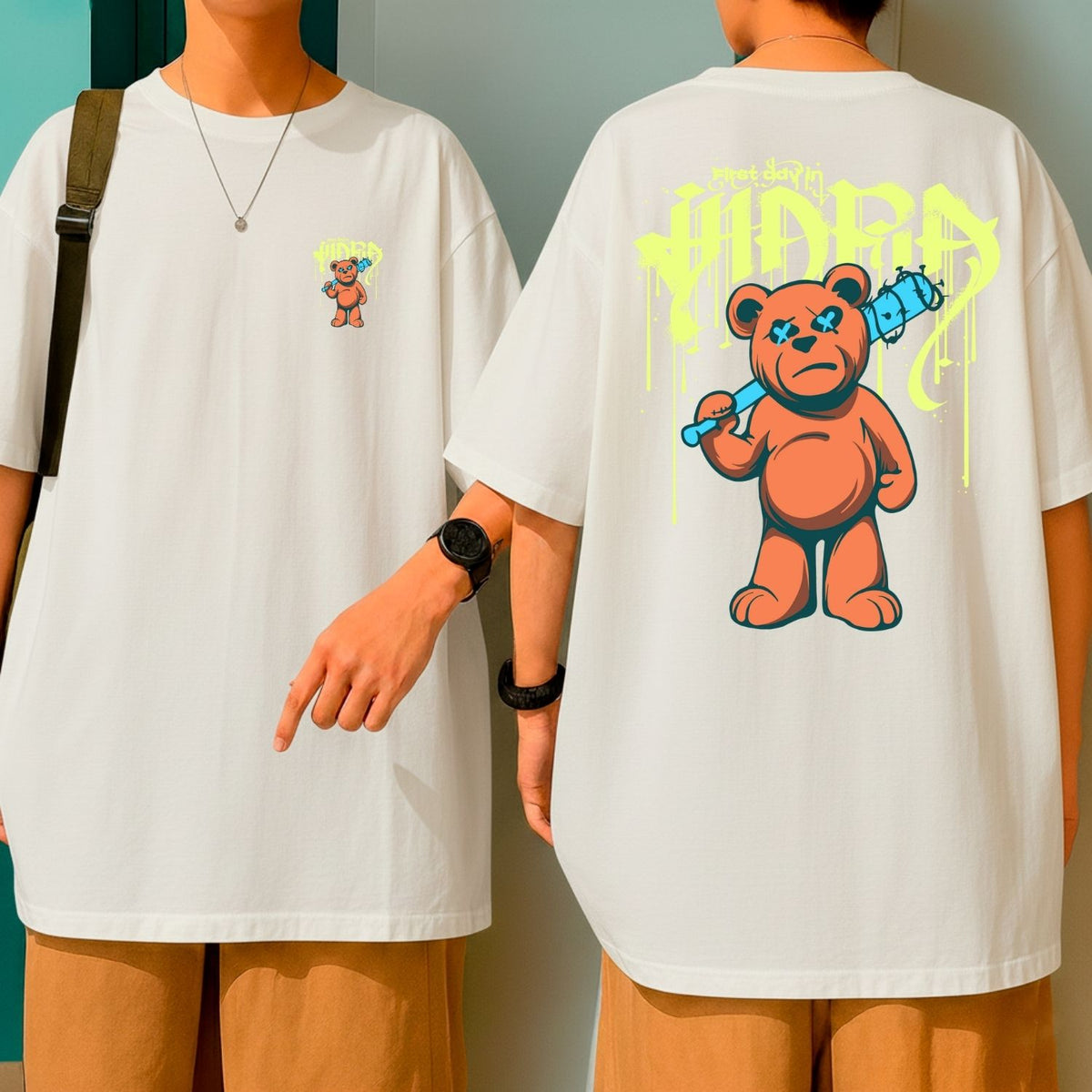 Camiseta Oversized Malha Premium Algodão Streetwear Urban Bear Urso Grafite Preta