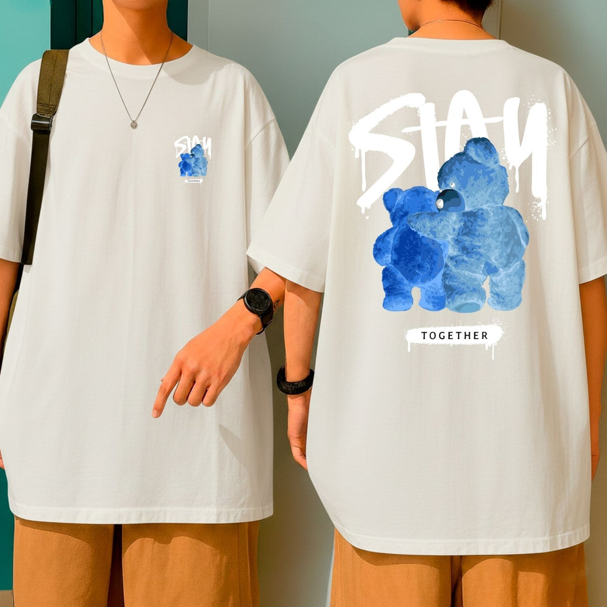 Camiseta Oversized Fio 30.1 Streetwear Masculina Stay Together Azul Grafite