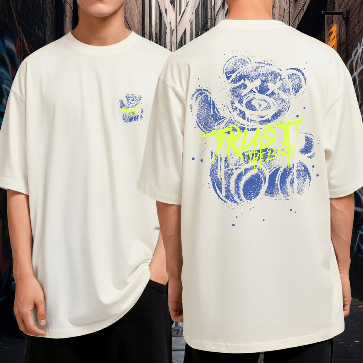 Camiseta Oversized Streetwear Casual Masculina Trust The Bear Urso Azul Preta
