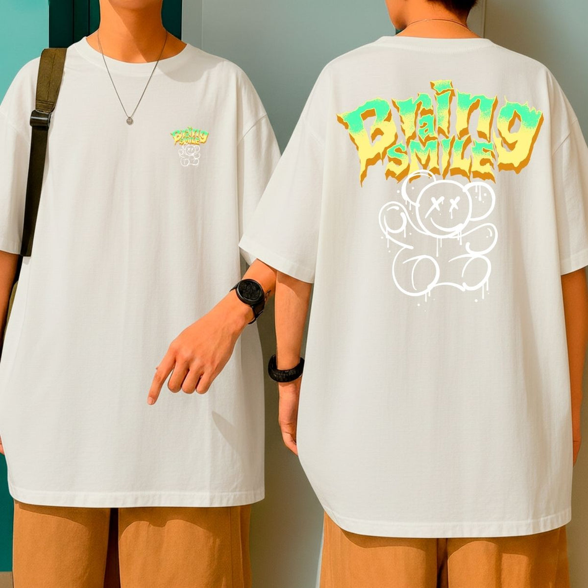 Camiseta Oversized Streetwear Urso Bring a Smile Atitude Blusão Malha Premium Largo