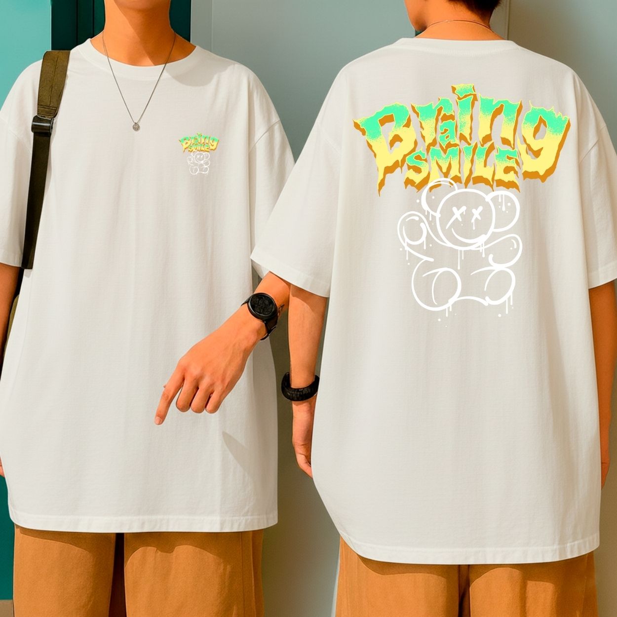 Camiseta Oversized Streetwear Urso Bring a Smile Atitude Blusão Malha Premium Largo